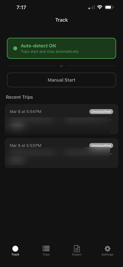 Home screen with auto-detect and manual start
