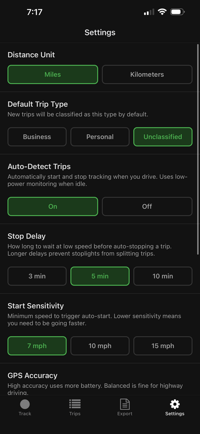 Settings with stop delay and sensitivity controls