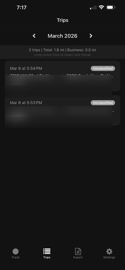 Trip list with monthly summary